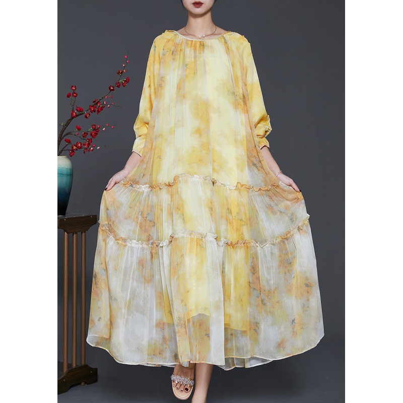Women Yellow Ruffled Tie Dye Chiffon Maxi Dress Spring