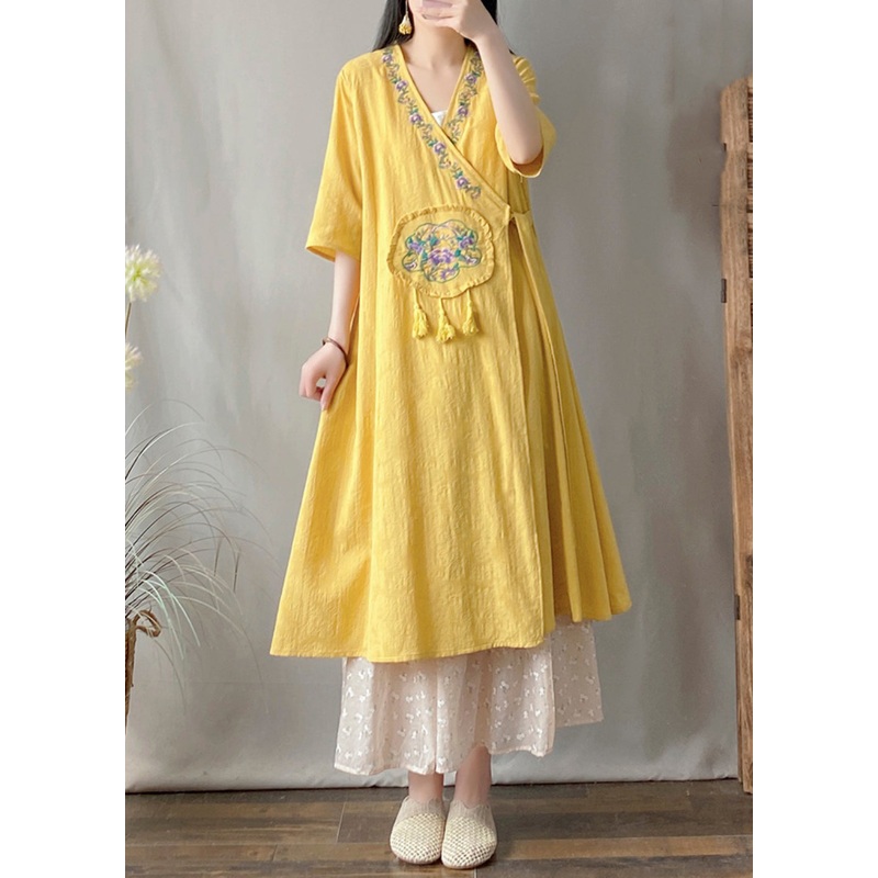 Yellow V Neck Tie Waist Maxi Cardigan Short Sleeve
