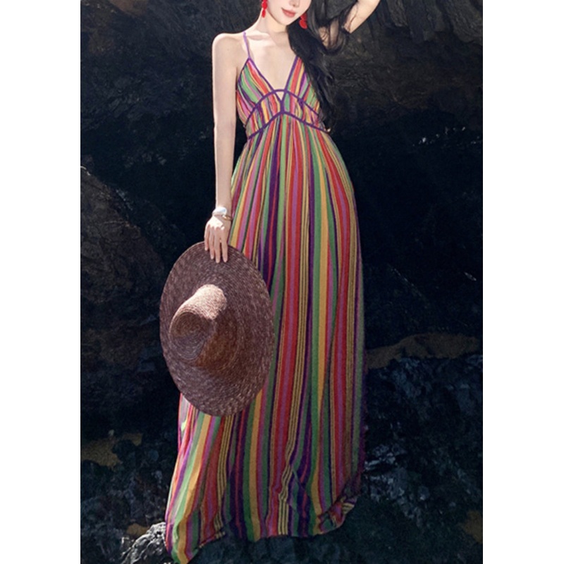 Beach Striped V Neck Backless Cotton Spaghetti Strap Dress Sleeveless