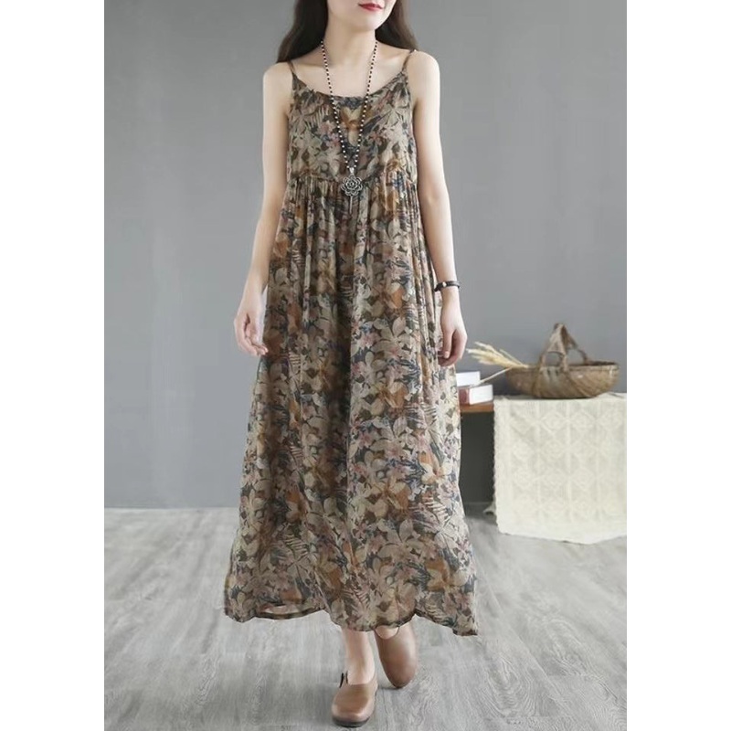 Bohemian Khaki Print Wrinkled Linen Spaghetti Strap Dress Sleeveless