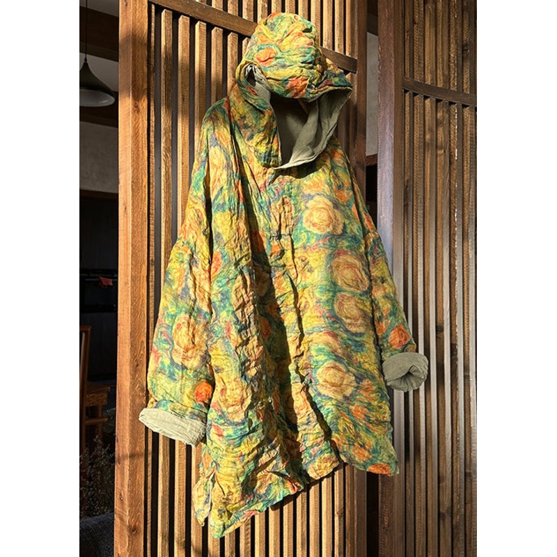 Bohemian Yellow Hooded Print Linen Top Long Sleeve