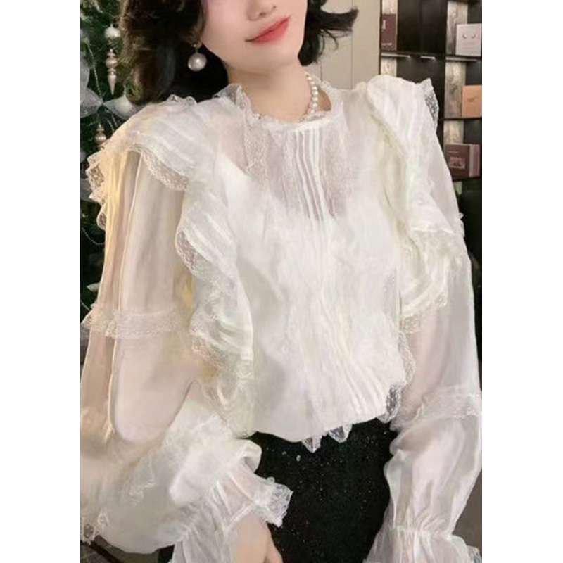 Elegant White Solid Ruffled Lace Shirt Long Sleeve