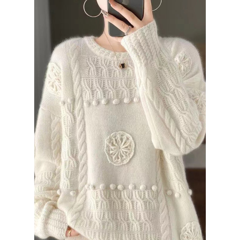 Italian White Embroidered Hook Flower Wool Sweaters Spring
