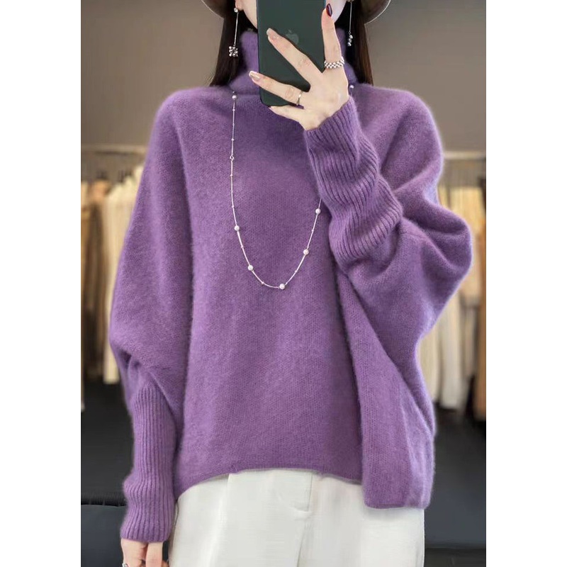 Loose Purple Hign Neck Versatile Woolen Sweater Tops Spring