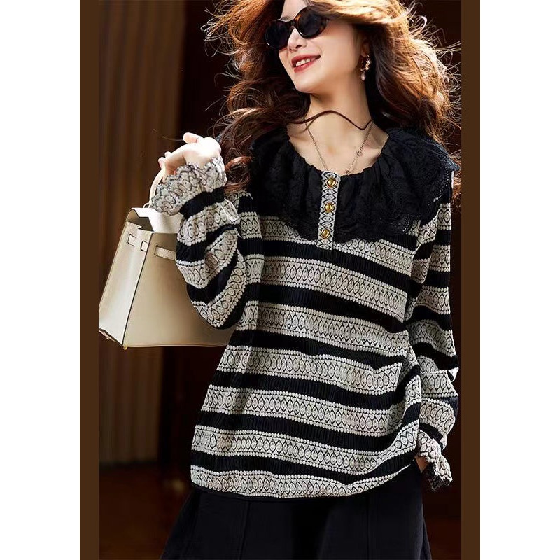 Plus Size Black Striped Lace Patchwork Knit Blouse Tops Spring