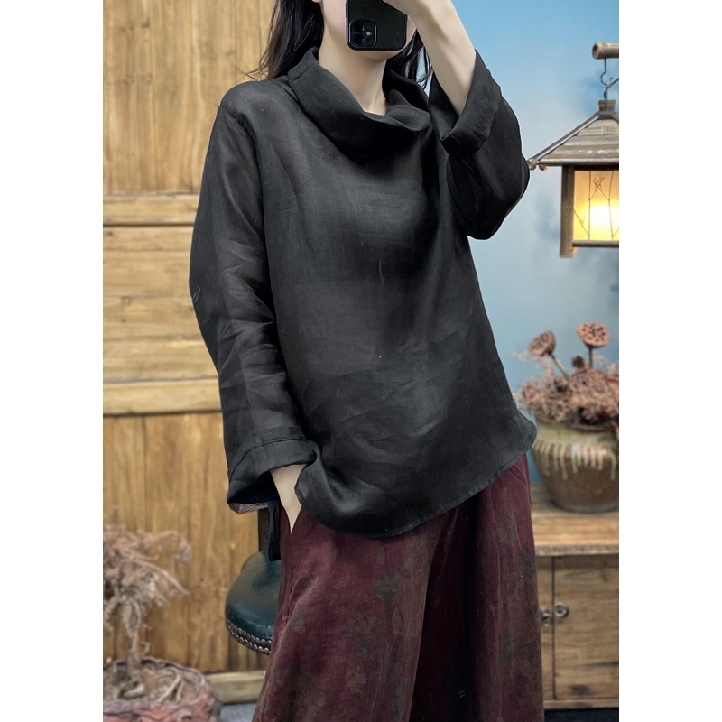 Simple Black Solid Turtleneck Cotton Top Spring