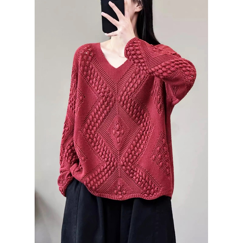 Simple Red Solid V Neck Cotton Knit Sweaters Long Sleeve