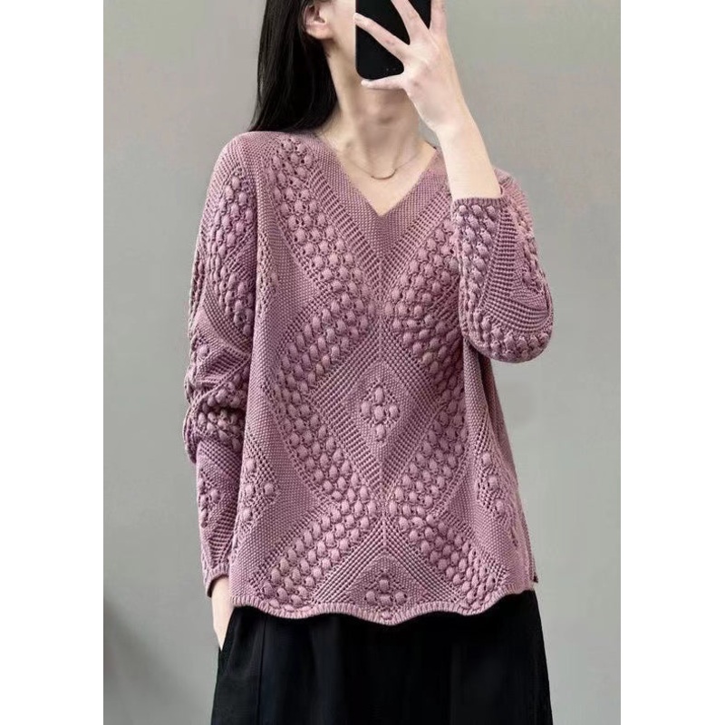 Versatile Purple Pink V Neck Knitting Cotton Sweaters Top Spring