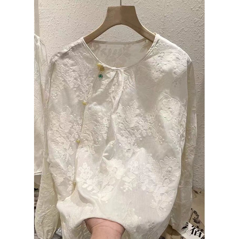 Vintage Beige O-Neck Button Jacquard Chiffon Blouse Tops Spring
