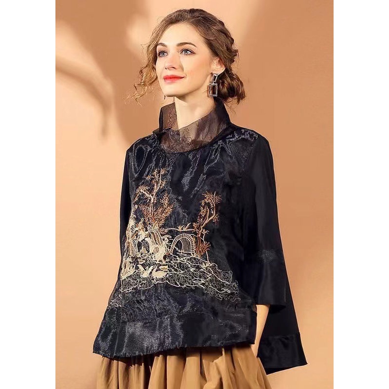 Vintage Black Stand Collar Embroidered Organza Blouse Top Spring