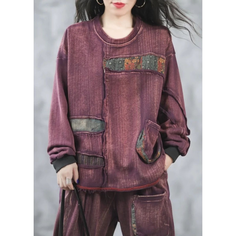Vintage Purple O Neck Pockets Patchwork Cotton Top Spring