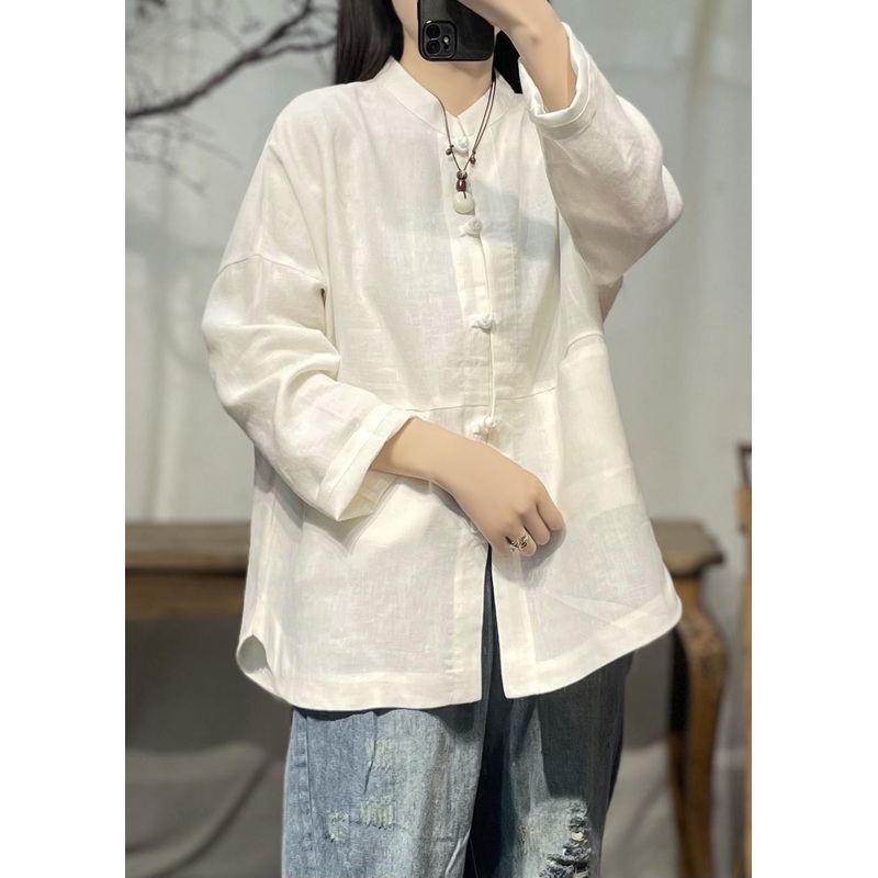 Vintage White Stand Collar Pockets Patchwork Linen Shirts Spring