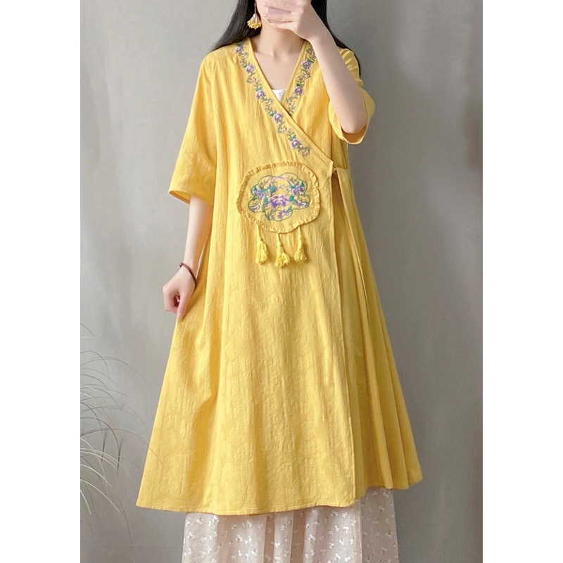 Vintage Yellow V Neck Embroidered Lace Up Cotton Cardigan Summer