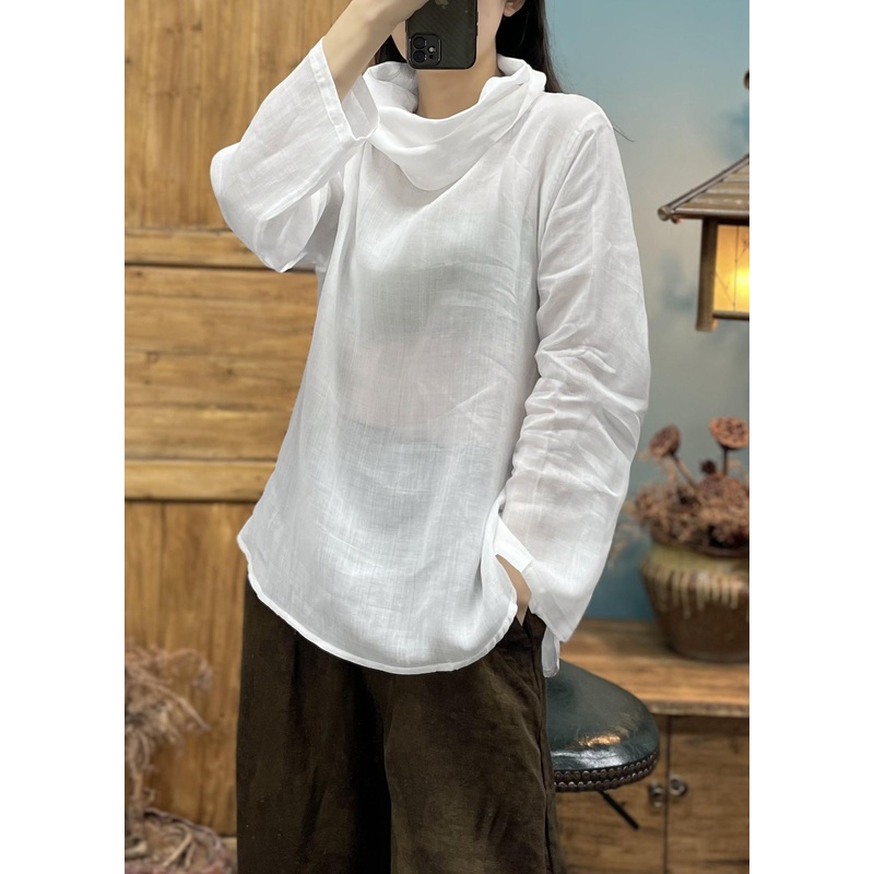 White Cozy Cotton T Shirts Turtleneck Long Sleeve