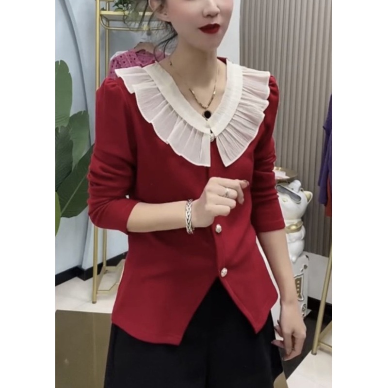 Women Red Ruffled Button Knit Tops Long Sleeve