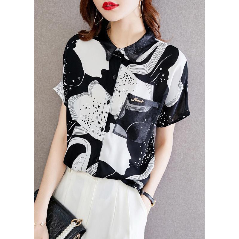 Art Black Peter Pan Collar Print Pockets Chiffon Shirt Short Sleeve