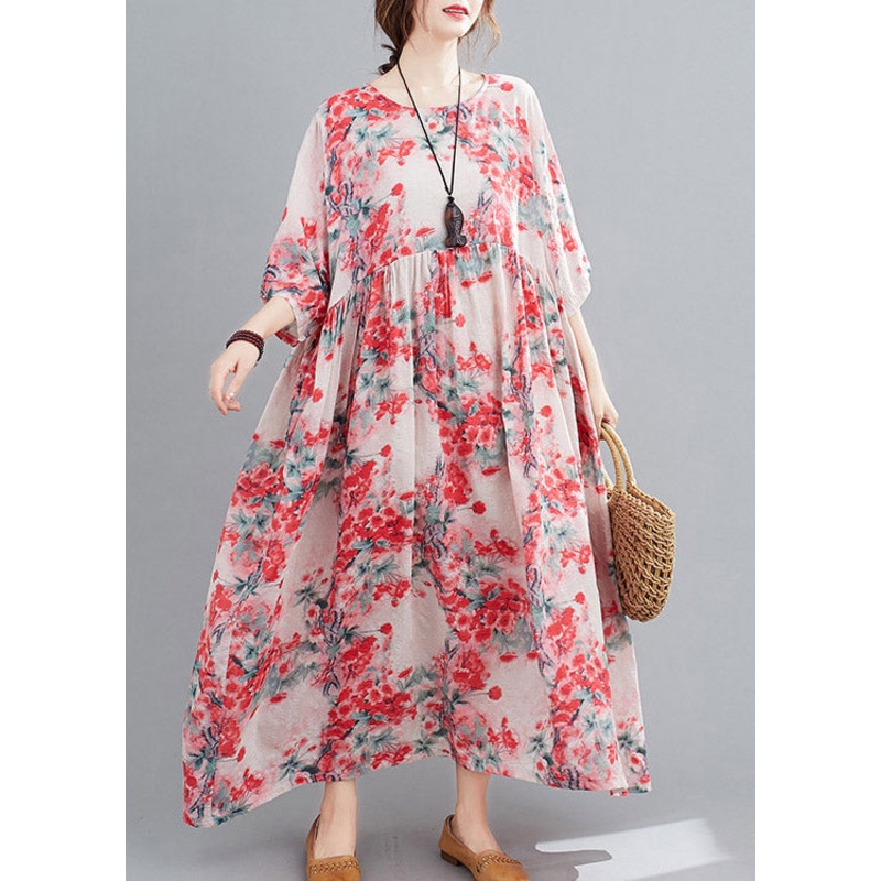 Art O-Neck Pink Print Wrinkled Linen Long Dresses Three Quarter Sleeve