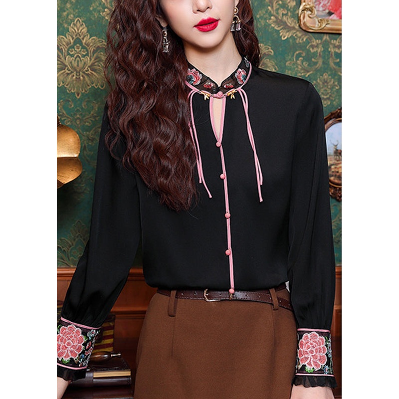 Beautiful Black Embroidered Tulle Patchwork Hollow Out Chiffon Tops Long Sleeve