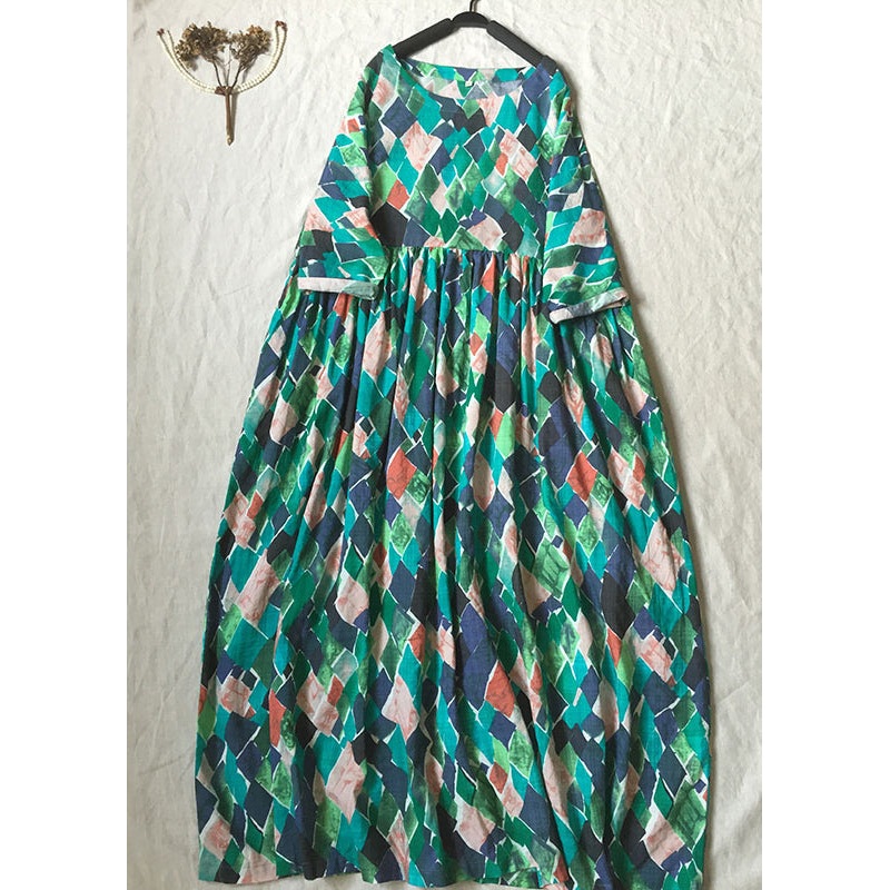 Beautiful Green O Neck Print Wrinkled Cotton Dresses Summer