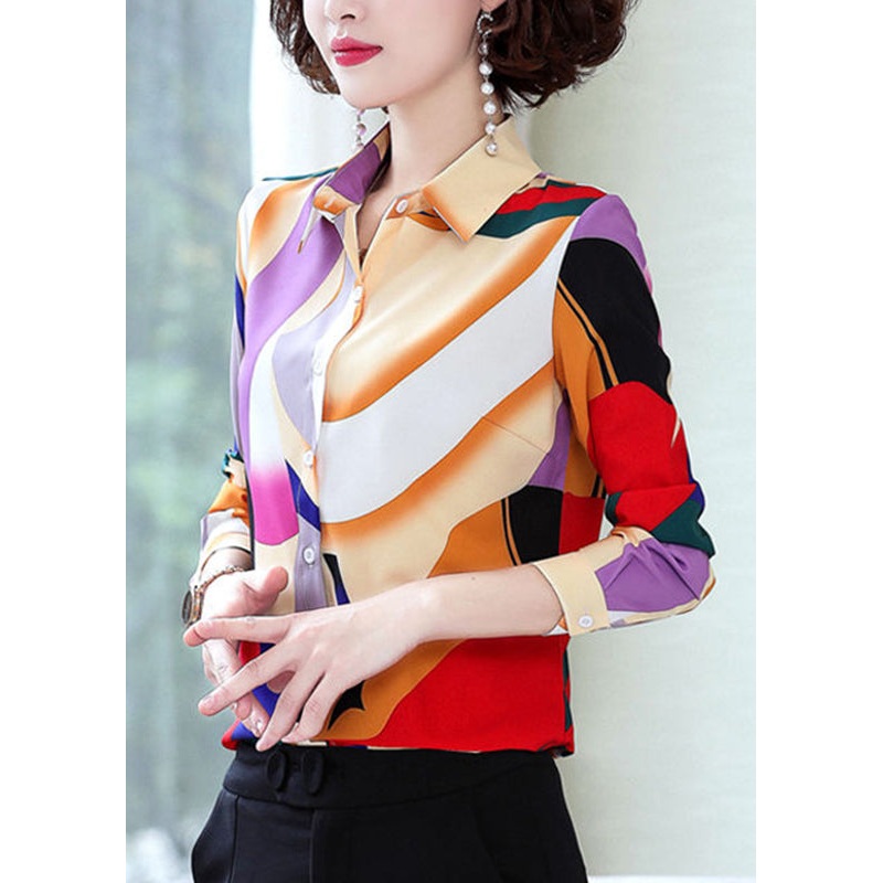 Beautiful Rainbow Peter Pan Collar Print Chiffon Shirt Spring