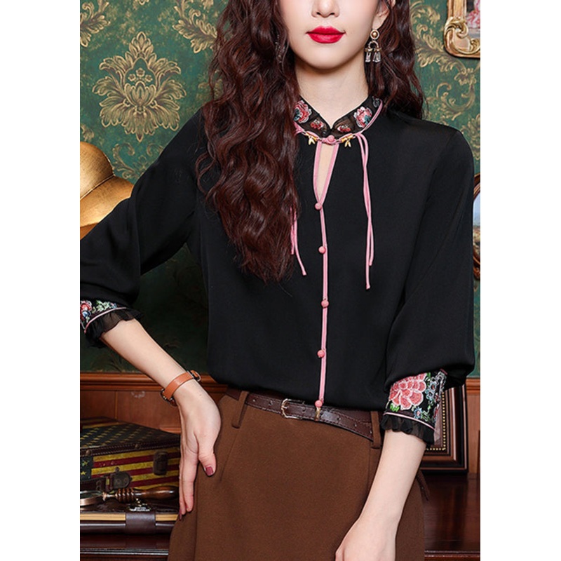 Black Hollow Out Button Silk Shirt Long Sleeve