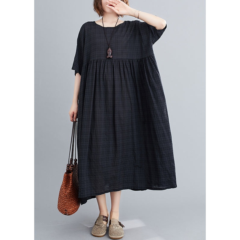 Black Plaid Patchwork Long Dresses Short Sleeve