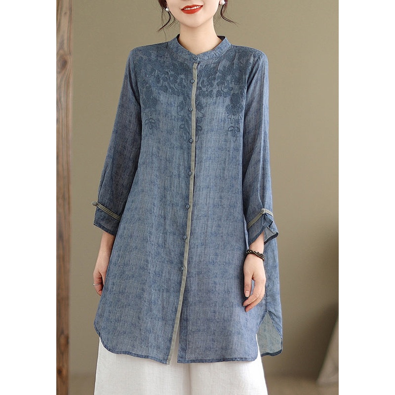 Blue Button Side Open Mid Shirts Spring