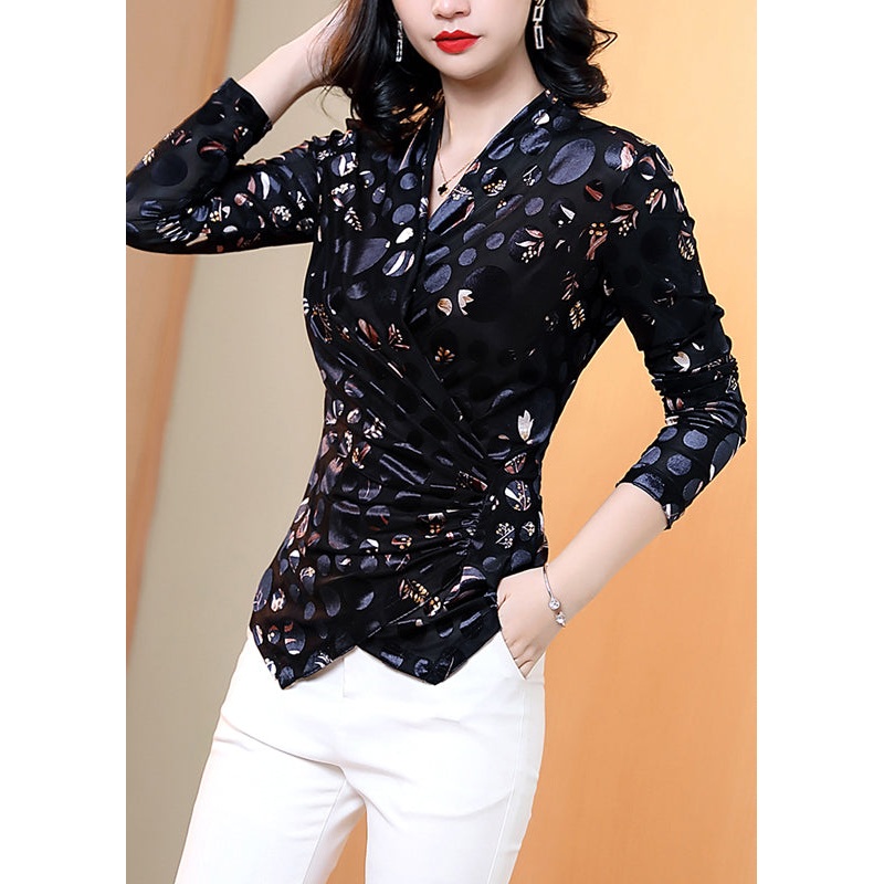Bohemian Black V Neck Print Tulle Patchwork Velour Top Spring