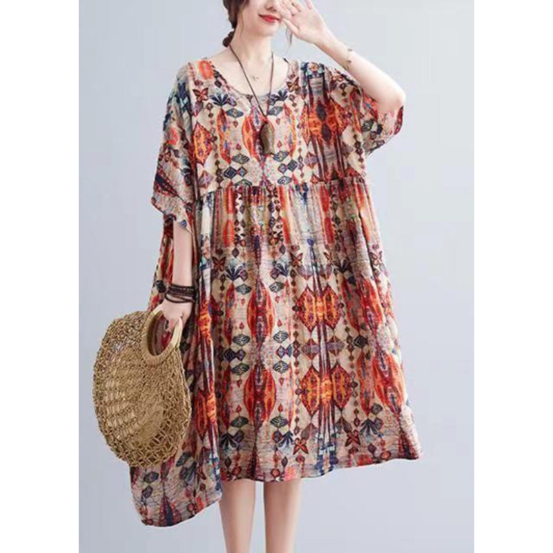 Bohemian Orange O-Neck Print Holiday Maxi Dress Summer