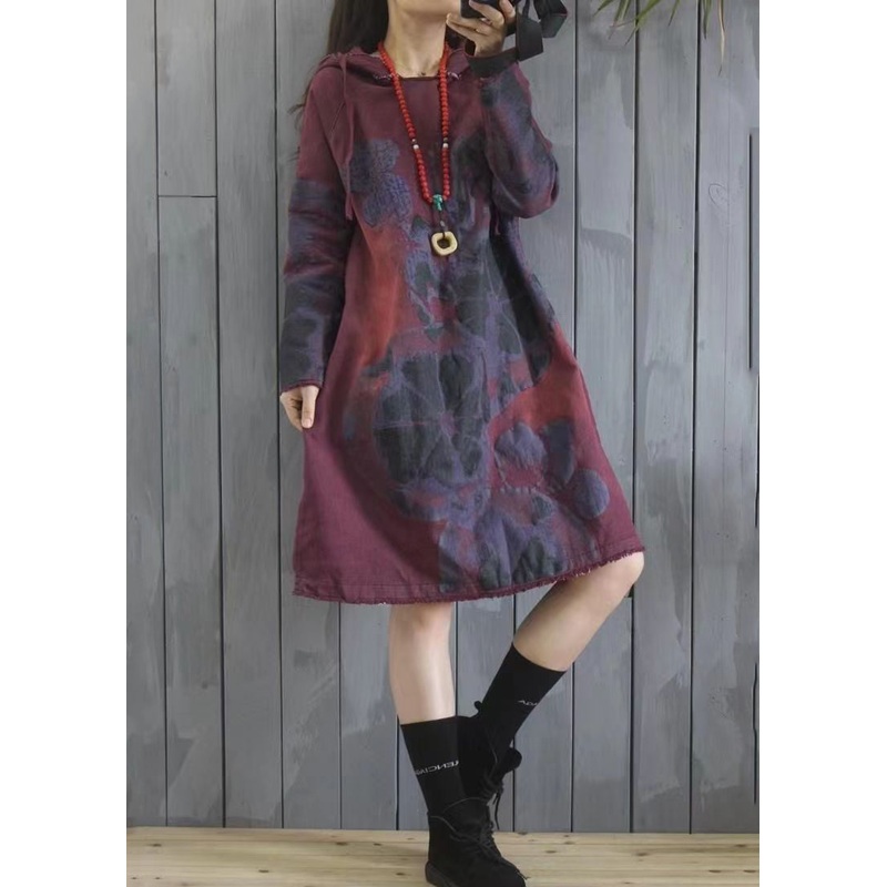 Bohemian Purple Hooded Print Patchwork Cotton Dress Spring