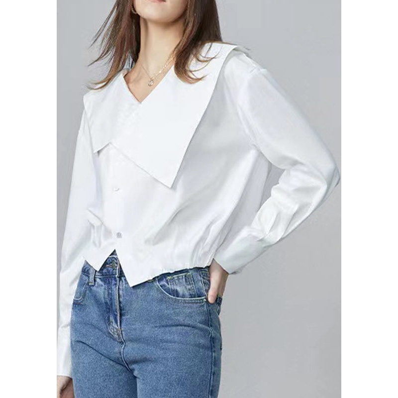 Brief White V Neck Button Shirts Spring