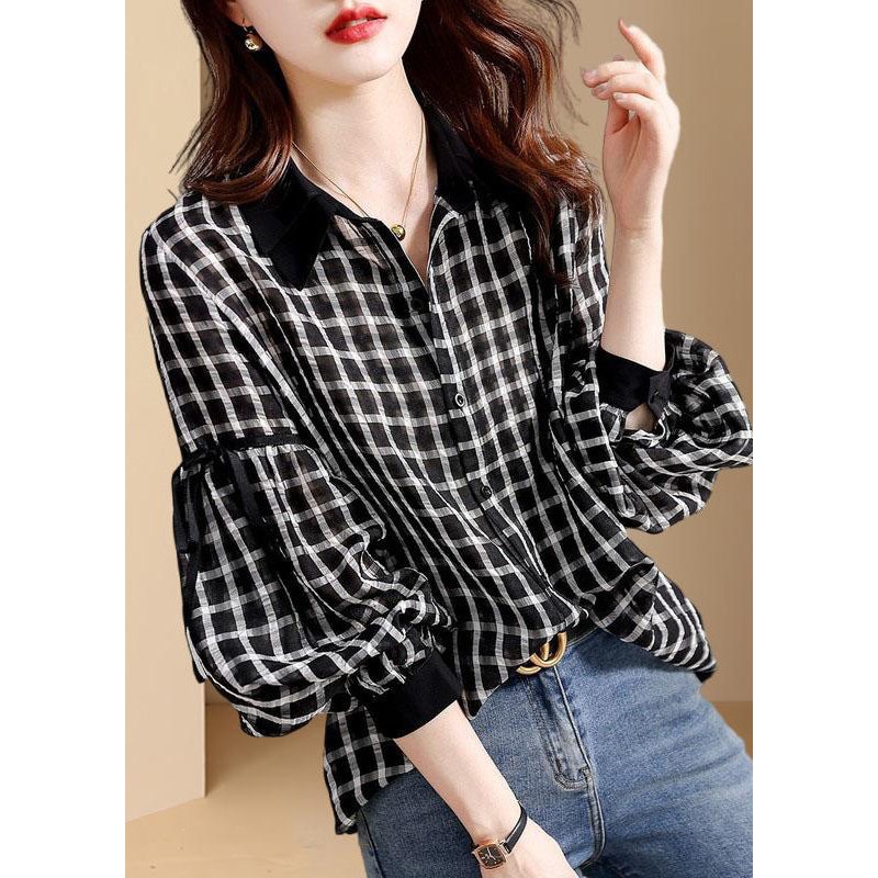 Casual Black Plaid Patchwork Button Shirt Long Sleeve