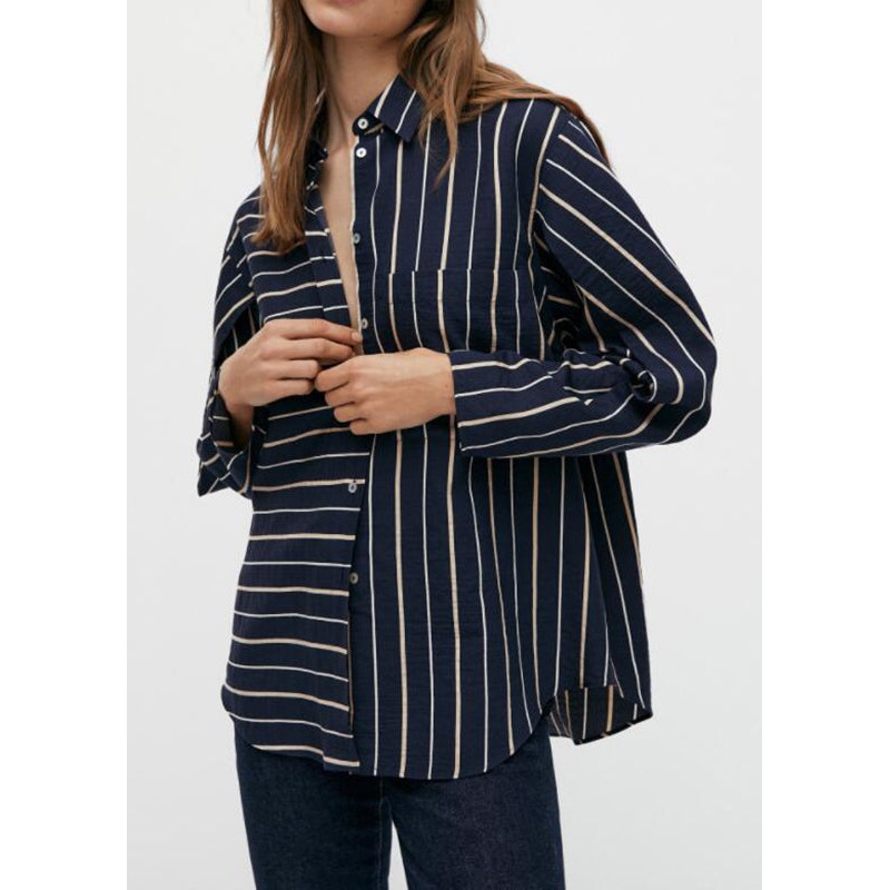Casual Black Striped Patchwork Low High Design Cotton Shirt Spring