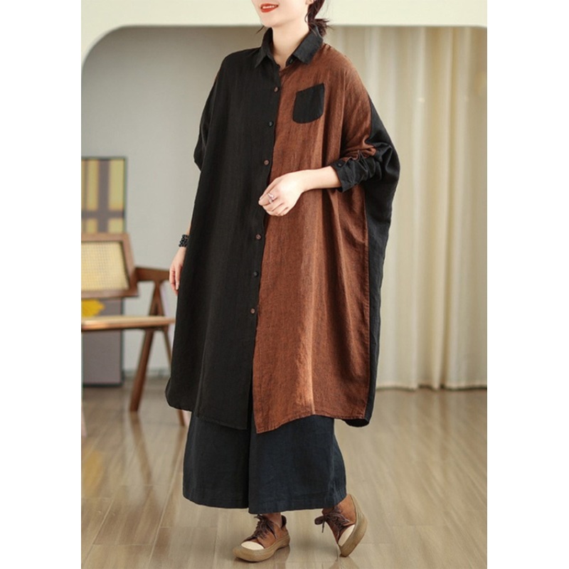 Casual Stand Collar Patchwork Button Long Shirts Long Sleeve