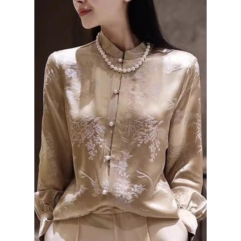Chinese Style Champagne Stand Collar Button Jacquard Silk Shirts Spring