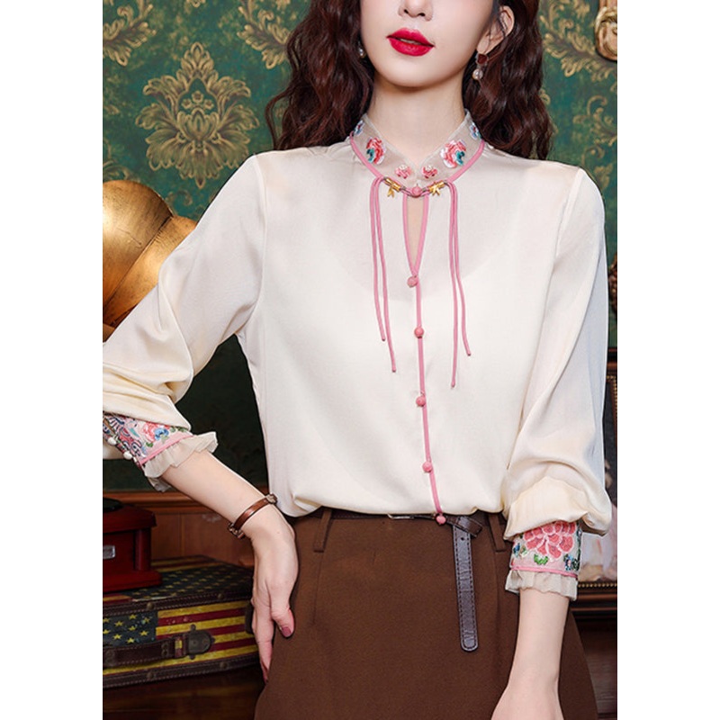Classy Apricot Stand Collar Tulle Patchwork Silk Top Spring