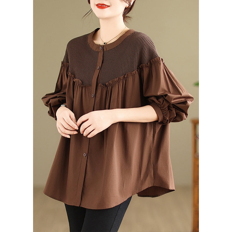 Coffee O-Neck Wrinkled Shirts Long Sleeve