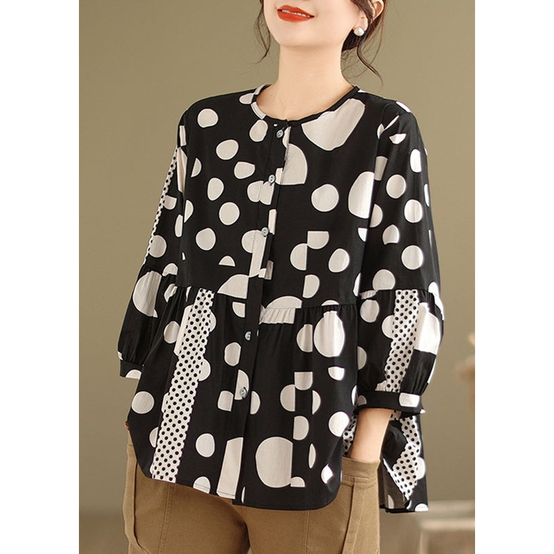 Elegant Black Dot Patchwork Button Shirt Spring