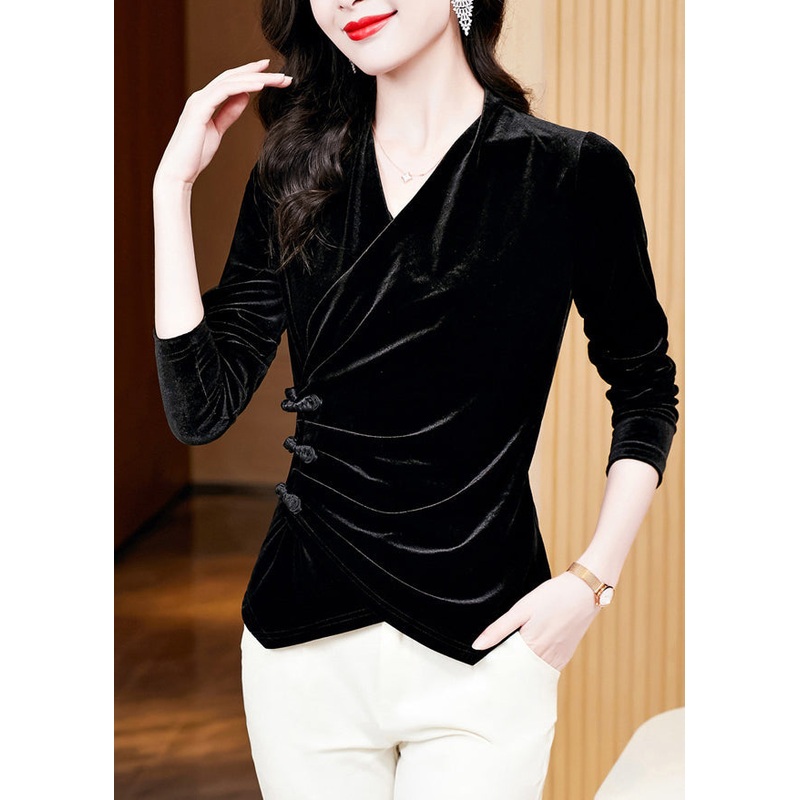 Elegant Black Wrinkled Button Silk Velour Tops Long Sleeve