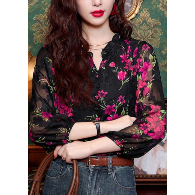 Fashion Black Ruffled Print Button Chiffon Shirt Long Sleeve