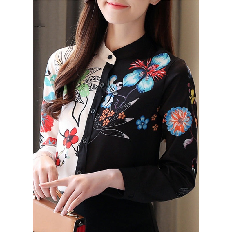 Fashion Colorblock Stand Collar Print Button Chiffon Shirts Long Sleeve