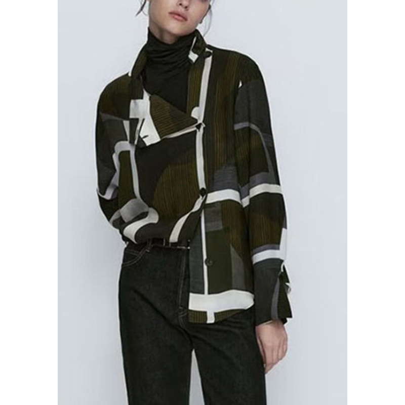 Fashion Dark Green Stand Collar Striped Patchwork Shirt Long Sleeve