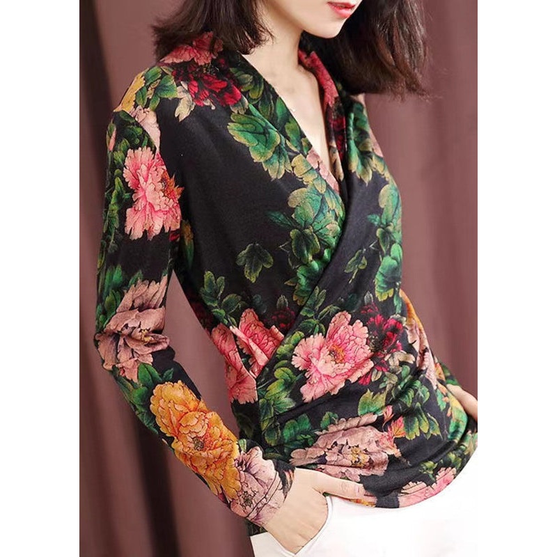 Fitted Green V Neck Print Knit Top Long Sleeve