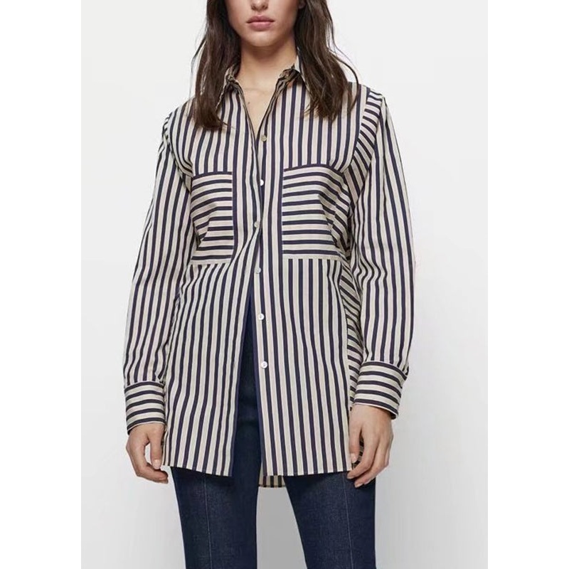 Plus Size Asymmetrical Striped Patchwork Shirts Spring