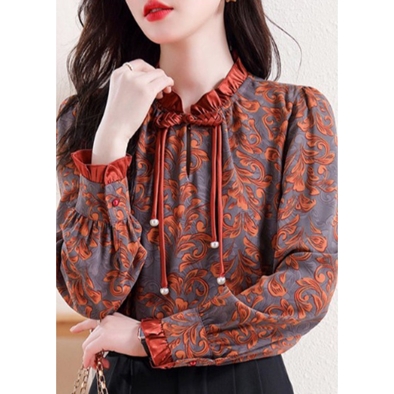 Retro Orange Ruffled Print Tops Long Sleeve