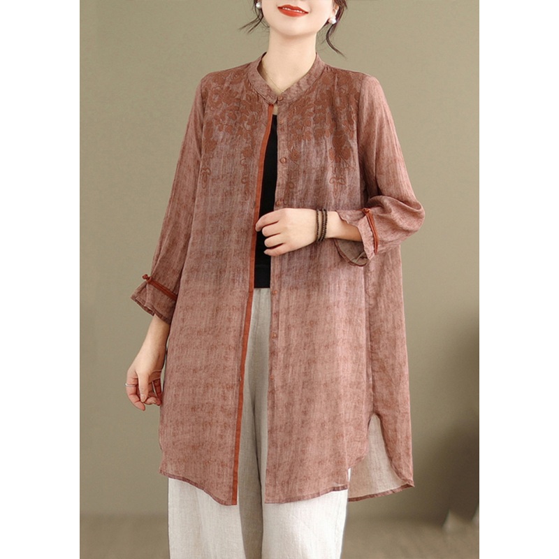 Retro Orange Stand Collar Print Tops Long Sleeve