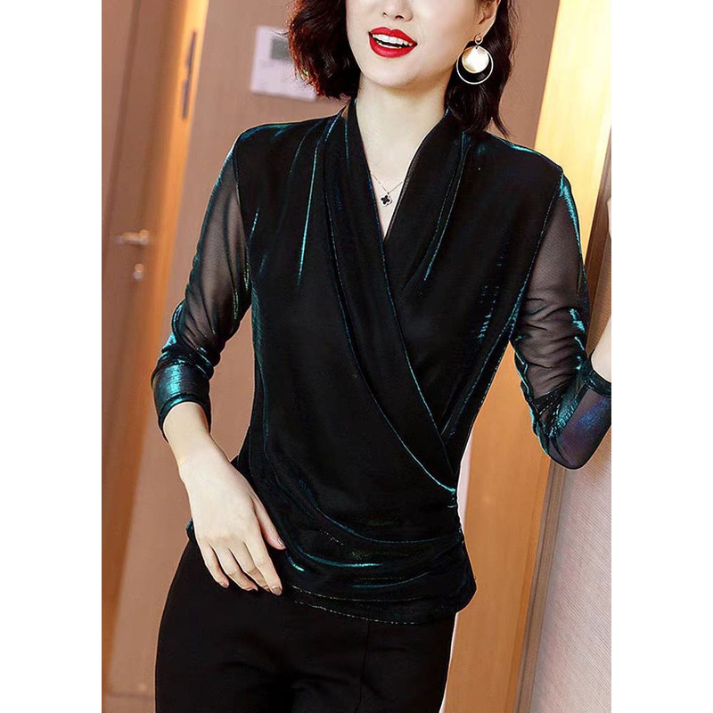 Slim Fit Green V Neck Tulle Tops Long Sleeve