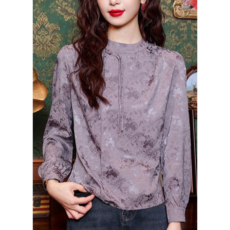 Vintage Jacquard Purple Turtleneck Silk Top Long Sleeve