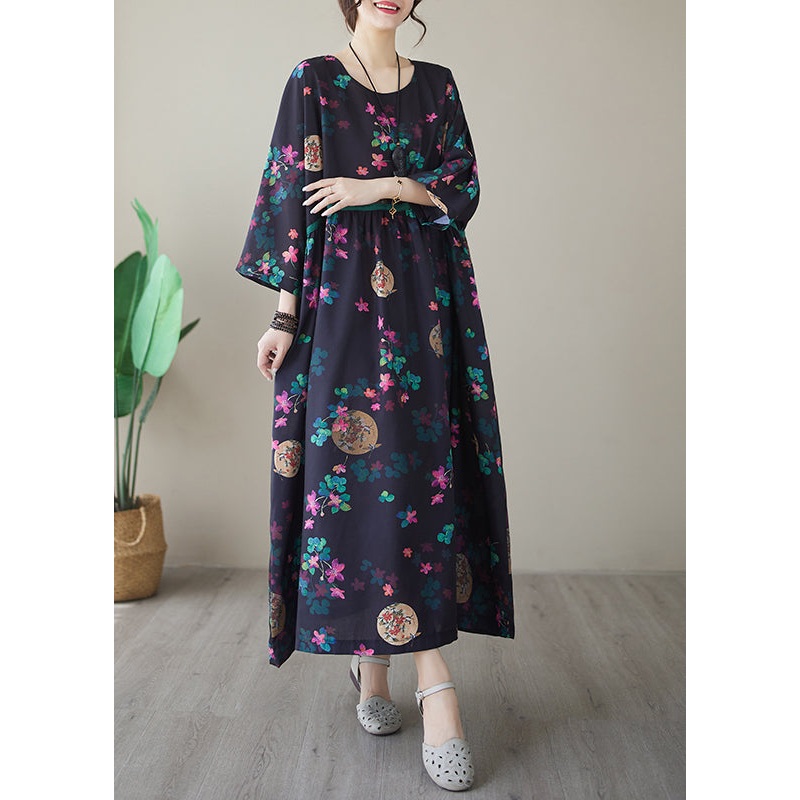 Vintage Navy Print Maxi Dresses Long Sleeve