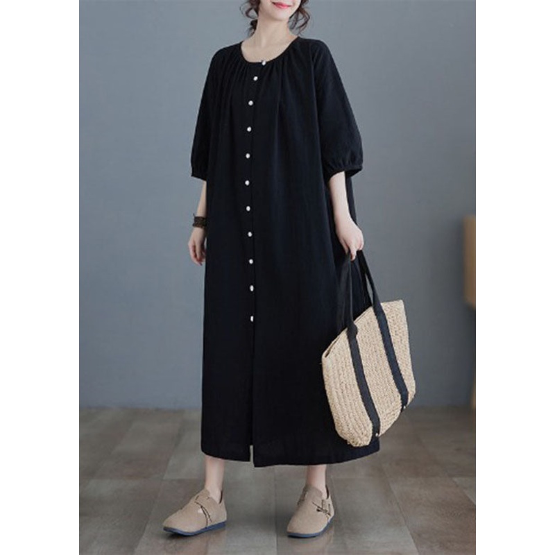 Women Black O-Neck Long Dress Half Sleeve